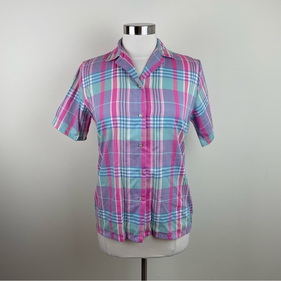 Vintage Miss B Pink Blue Plaid Short Sleeve Button Down Shirt Top Women 9/10 - Picture 1 of 7